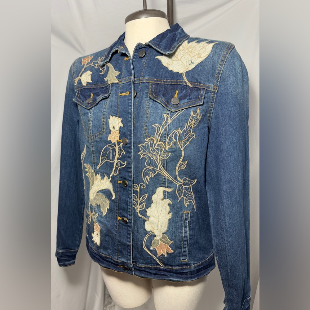 Bandolino Sarah Embroidered Floral Denim Jean Jacket Blue Small Boho